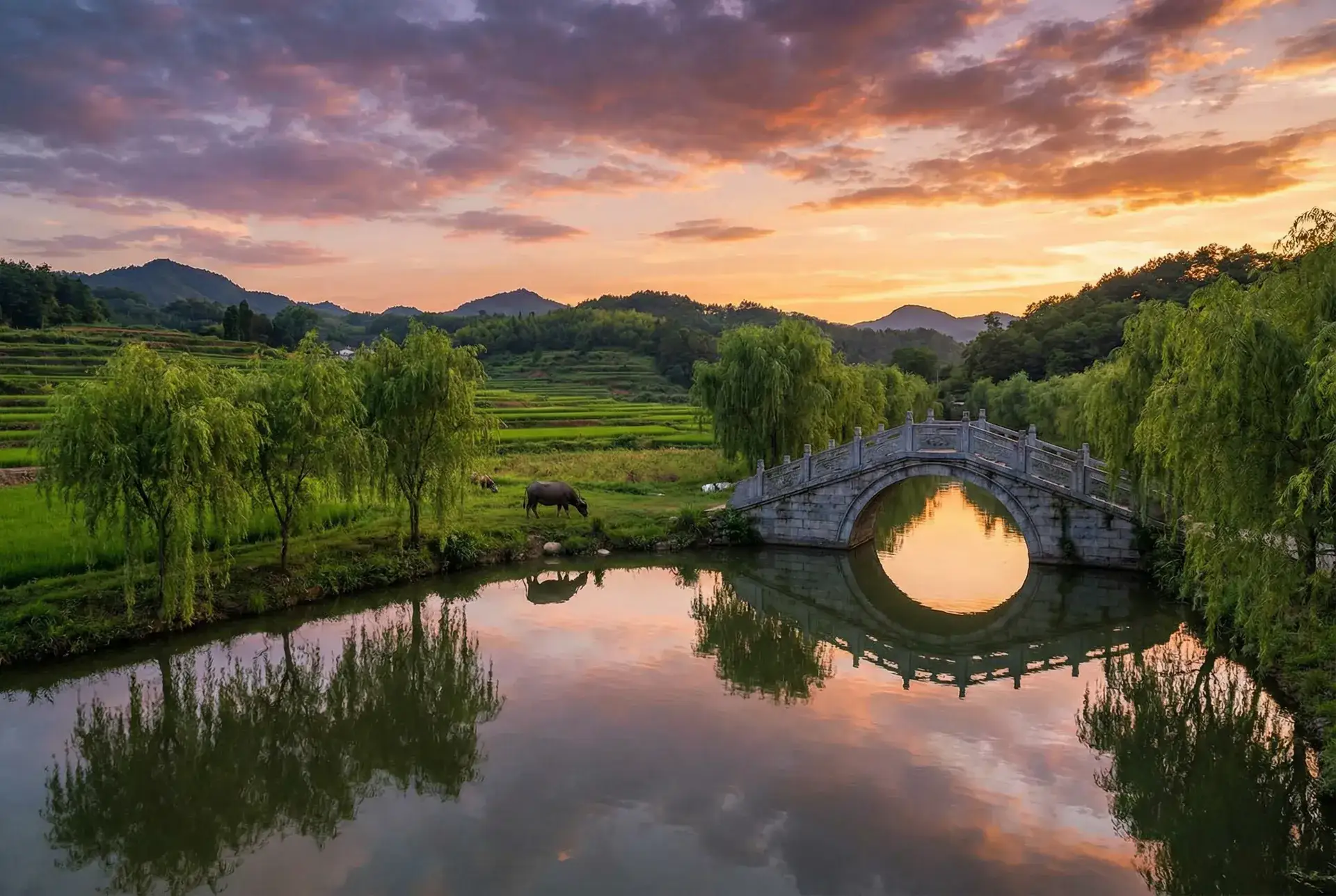 夕阳下的石拱桥与垂柳，水牛在河边吃草 - 贫民窟声望怎么刷 乡村美景